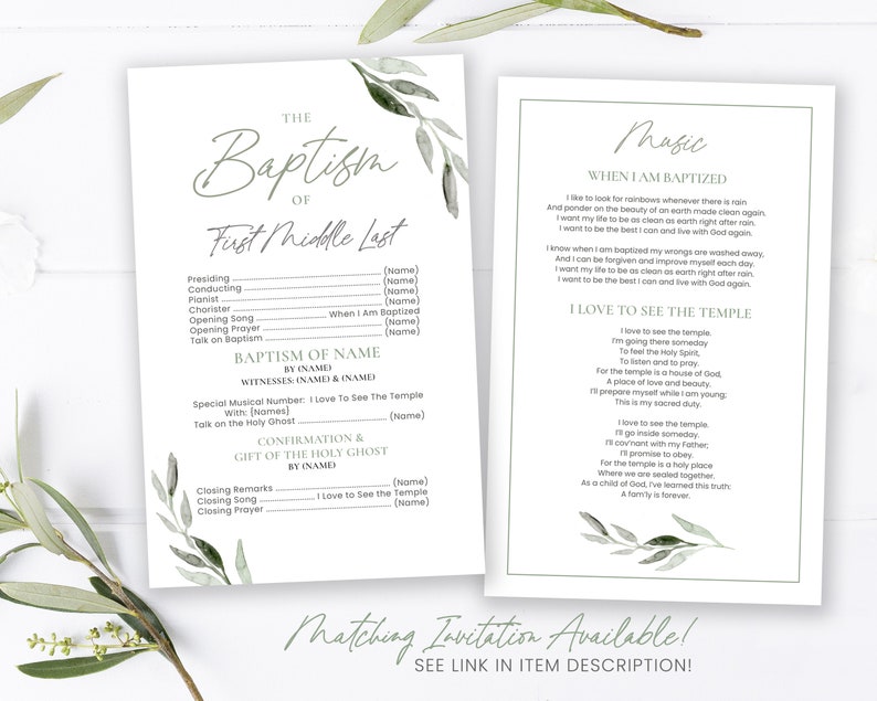 May include: Two-page baptism program with a light green watercolor leaf design. The left page has fill-in-the-blank sections for the baptism details. The right page features the lyrics to two hymns. The text is in a delicate, elegant font.