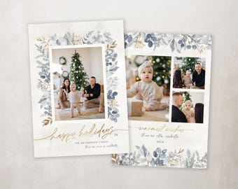 Christmas Card Template - Custom Holiday Photo Card - Modern Boho Floral Christmas Cards - Year in Review Photo Card - Digital Download