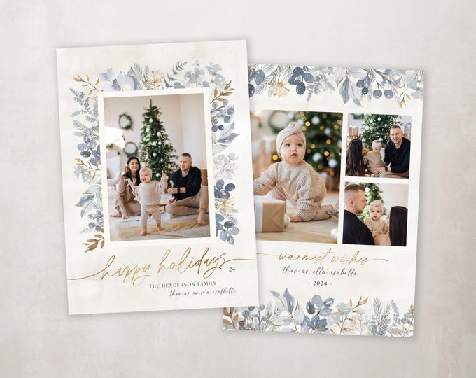 Christmas Card Template - Custom Holiday Photo Card - Modern Boho Floral Christmas Cards - Year in Review Photo Card - Digital Download