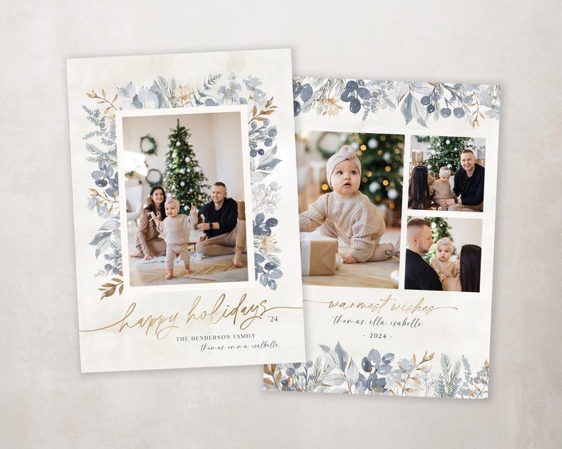May include: A Christmas card with a blue and gold floral design. The card features a family photo with a couple and their two children. The text on the card reads "Happy Holidays" and "Warmest Wishes".