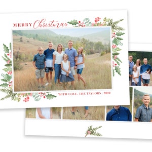 May include: A Christmas card featuring a family portrait with a watercolor border of holly and greenery. The card reads "Merry Christmas" and "With Love, The Taylors 2019".