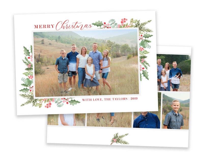 May include: A Christmas card featuring a family portrait with a watercolor border of holly and greenery. The card reads "Merry Christmas" and "With Love, The Taylors 2019".