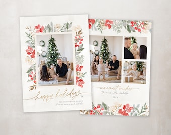 Modern Photo Christmas Card Template: Floral Holiday Card (Digital Download)