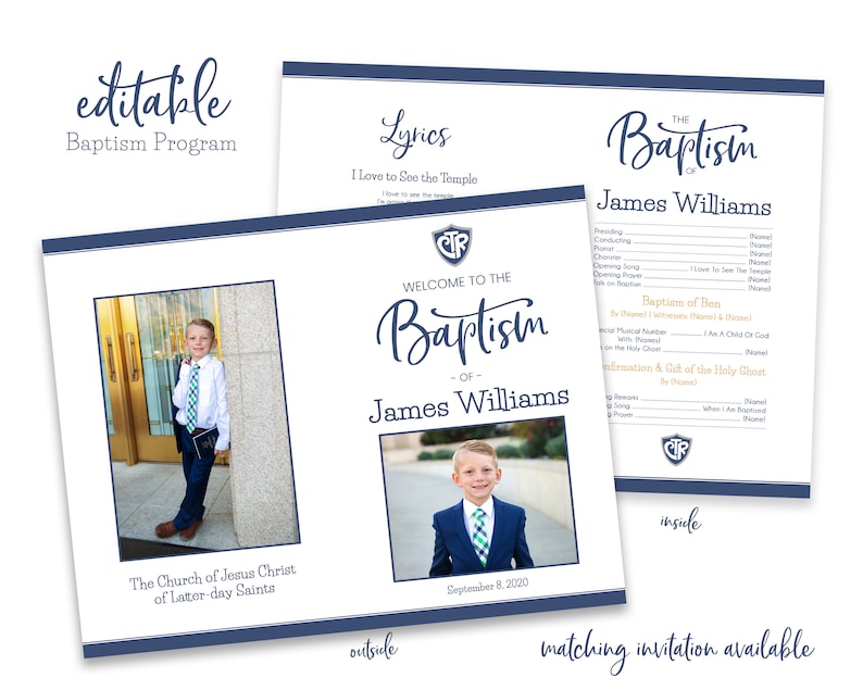 May include: A blue and white baptism program with a photo of a young boy in a suit and tie. The program includes the text "Welcome to the Baptism of James Williams" and the date "September 8, 2020".