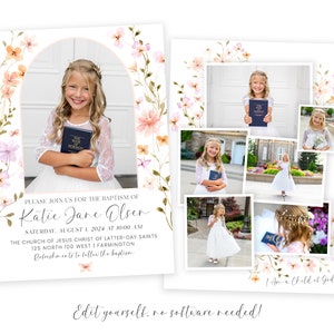 LDS Baptism Invitation for Girls - Arch Floral Baptism Invite - Customizable Template - Edit with Corjl - Instant Download