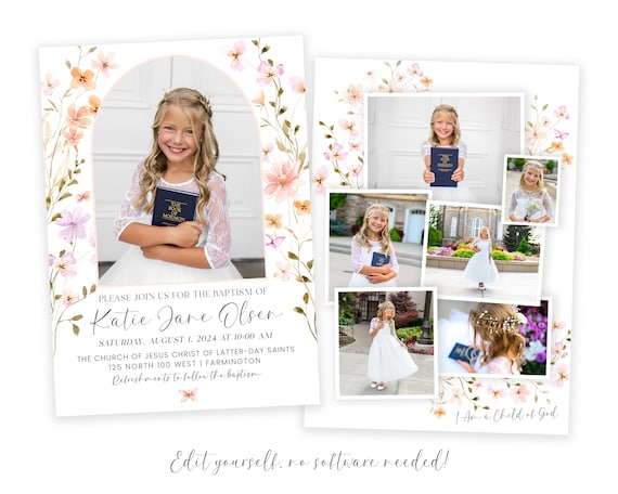 Floral Arch LDS Baptism Invitation for Girls: Customizable Template (Instant Download)