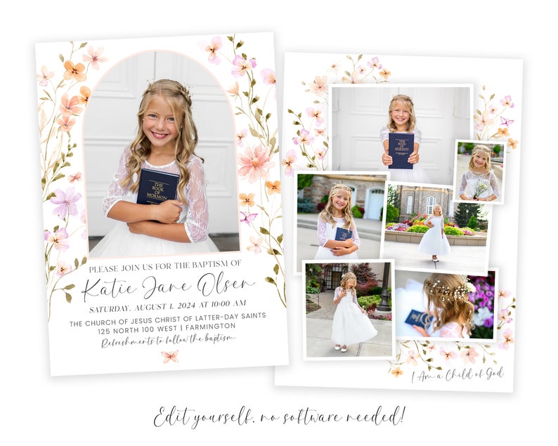 Puede incluir: Una invitaci&oacute;n de bautismo con un dise&ntilde;o floral y una foto de una ni&ntilde;a sosteniendo un libro. El texto dice "Por favor, &uacute;nase a nosotros para el bautismo de Katie Jane Olsen, S&aacute;bado, 1 de agosto de 2024 a las 10:00 AM, La Iglesia de Jesucristo de los Santos de los &Uacute;ltimos D&iacute;as, 125 North 100 West | Farmington, Refrescos despu&eacute;s del bautismo."