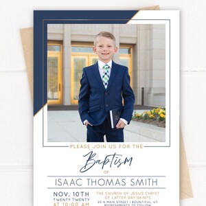 May include: Baptism invitation with a photo of a young boy in a navy suit, holding a book. The invitation has a navy and gold border, with the text "LDS Baptism Invitation" and details for Isaac Thomas Smith's baptism.