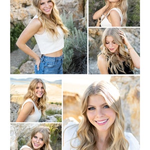 May include: A collage of photos featuring a young woman with long blonde hair. She is wearing a variety of outfits, including a white tank top, a white crop top, and a white dress. The photos are taken in a variety of outdoor settings, including a rocky landscape and a beach.