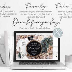 May include: A laptop screen displaying a digital design template for a baby announcement. The design features a black and white sign with the text "The best things in life are unexpected" and a white onesie with the text "Baby Taylor".