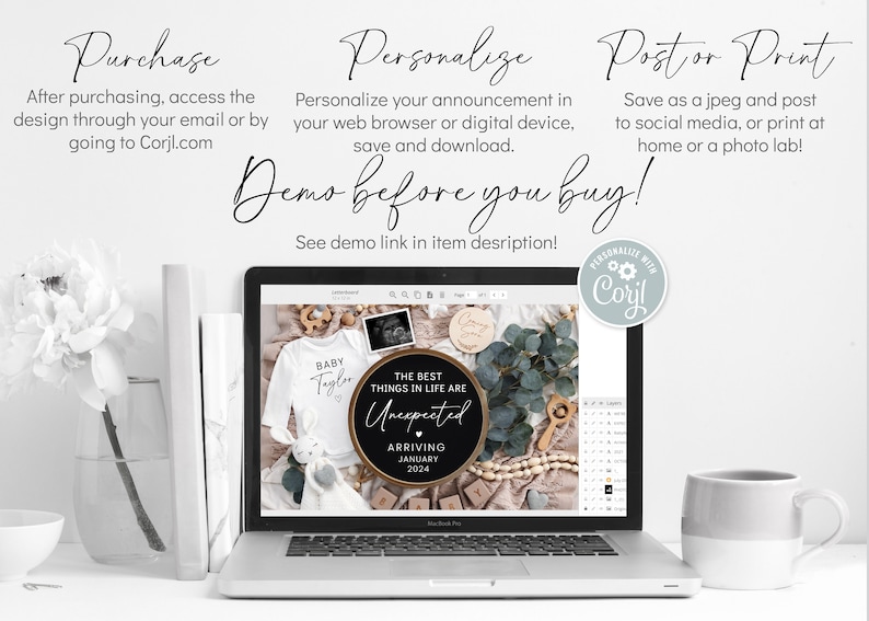 May include: A laptop screen displaying a digital design template for a baby announcement. The design features a black and white sign with the text "The best things in life are unexpected" and a white onesie with the text "Baby Taylor".