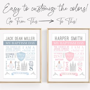 May include: Two printable baptism day posters, one in blue and one in pink, with the names Jack Dean Miller and Harper Smith. The posters feature the text "My Baptism Day", "The Church of Jesus Christ of Latter-day Saints", "I am a child of God", "Choose the Right", "Make and Keep Sacred Covenants", "It's Great to Be 8", "Come Follow Me", "Gift of the Holy Ghost", and "I Love to See the Temple".