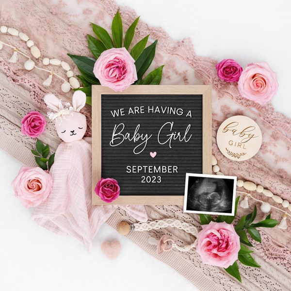 Floral Digital Pregnancy Announcement | Baby Announcement Girl | Its A Girl |  Edit Yourself Gender Reveal | Letter Board | Corjl