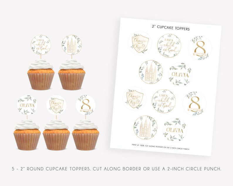 Puede incluir: Toppers redondos para cupcakes imprimibles de 5 cm de di&aacute;metro con un dise&ntilde;o dorado y blanco. Los toppers presentan un templo, un escudo con el texto "Choose the Right", una corona de hojas con el nombre "Olivia" y un c&iacute;rculo con el n&uacute;mero "8". El texto "I am a child of God" tambi&eacute;n est&aacute; incluido en algunos de los toppers.