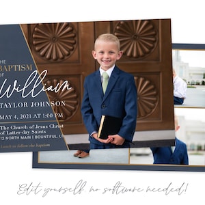 May include: A blue and gold baptism invitation with a photo of a young boy in a suit holding a book. The invitation includes the name "William Taylor Johnson", the date "May 4, 2021", the time "1:00 PM", and the location "The Church of Jesus Christ of Latter-day Saints, 12 North Main | Bountiful, UT".