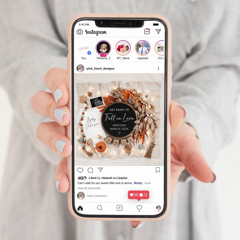 May include: A baby announcement with a black chalkboard sign that reads "Get Ready to Fall in Love" with the arrival date "March 2024". The sign is surrounded by autumnal decorations, including a wreath, pumpkins, and a teddy bear.