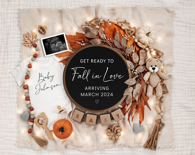 Fall Digital Pregnancy Announcement, Neutral, Social Media, Facebook, Instagram, With Sonogram, Fall Baby Announcement