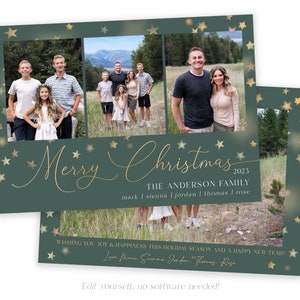 May include: A Christmas card with a green background and gold stars. The card features a family photo collage with the text "Merry Christmas 2023 The Anderson Family mark | sienna | jordan | thomas | rose" and "Wishing you joy & happiness this holiday season and a happy new year! Love Mom, Sienna, Jordan, Thomas, Rose".