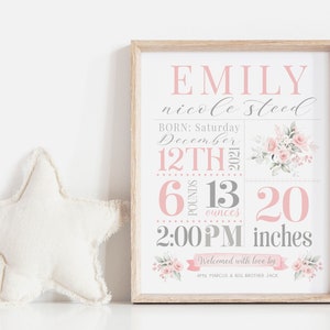 May include: A pink and gray baby birth announcement print with floral accents. The print includes the baby's name, Emily Nicole Steed, birth date, December 12th, 2021, and birth weight, 6 pounds and 13 ounces. The print also includes the baby's length, 20 inches, and the time of birth, 2:00 PM. The print is framed in a light wood frame.