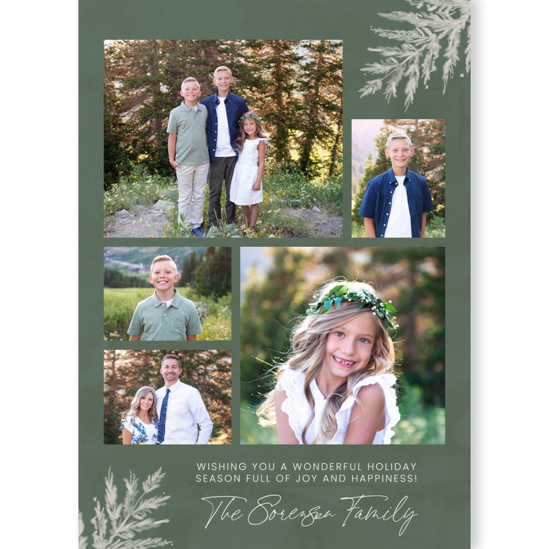May include: A Christmas card featuring a collage of family photos. The card has a green background with white floral accents. The text "WISHING YOU A WONDERFUL HOLIDAY SEASON FULL OF JOY AND HAPPINESS! The Sorensen Family" is at the bottom of the card.