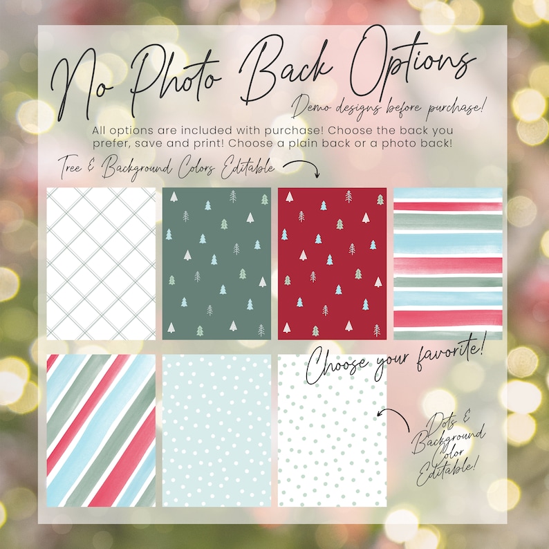 May include: Six different Christmas-themed background designs for digital products. The designs include a white and gray plaid pattern, a green background with small white Christmas trees, a red background with small white Christmas trees, a blue and white striped pattern, a white background with small gray dots, and a white background with small gray polka dots. The text "Choose your favorite!" is written in black cursive on a white background. The text "Dots & Background Color Editable!" is written in black on a white background.