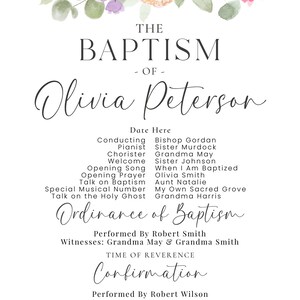 May include: A watercolour floral design with pink and purple flowers. The text "THE BAPTISM OF Olivia Peterson" is at the top of the page. The programme for the baptism includes the names of the officiant, musicians, and speakers. The programme also includes the order of service for the baptism and confirmation.