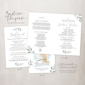 May include: A printable baptism programme with a watercolour illustration of a baptism. The programme includes the lyrics to the hymns "When I Am Baptized" and "I Love to See the Temple". The programme also includes the order of service for the baptism ceremony, including the ordinance of baptism, confirmation, and time of reverence. The programme is editable and includes full sheet, half letter sheet, and 5x7 sizes.