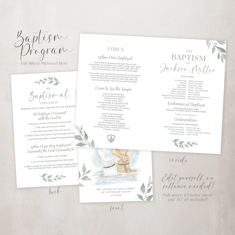 May include: A printable baptism programme with a watercolour illustration of a baptism. The programme includes the lyrics to the hymns "When I Am Baptized" and "I Love to See the Temple". The programme also includes the order of service for the baptism ceremony, including the ordinance of baptism, confirmation, and time of reverence. The programme is editable and includes full sheet, half letter sheet, and 5x7 sizes.