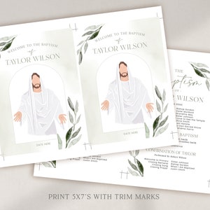 May include: Baptism invitation cards with a watercolor illustration of a figure in white robes, with the text "WELCOME TO THE BAPTISM of TAYLOR WILSON". The cards are decorated with green leaf accents and include space for the date.