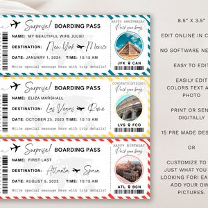 May include: Three printable boarding pass designs for a special occasion. Each pass features a different destination, including New York, Las Vegas, and Atlanta. The passes are 8.5 inches by 3.5 inches and can be edited online in Canva. The text on the passes reads "Surprise! Boarding Pass" and includes a space for a name, destination, date, and time. The passes also include a small image of a landmark from the destination city.