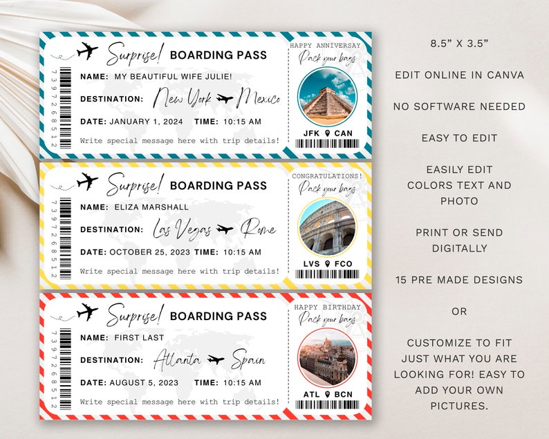 May include: Three printable boarding pass designs for a special occasion. Each pass features a different destination, including New York, Las Vegas, and Atlanta. The passes are 8.5 inches by 3.5 inches and can be edited online in Canva. The text on the passes reads "Surprise! Boarding Pass" and includes a space for a name, destination, date, and time. The passes also include a small image of a landmark from the destination city.