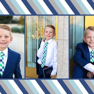 May include: A young boy in a blue suit and a green and white checkered tie poses for a portrait. He is smiling and looking at the camera. The background is a building with a gold door.
