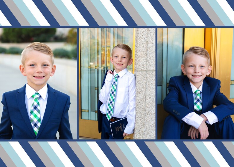 May include: A young boy in a blue suit and a green and white checkered tie poses for a portrait. He is smiling and looking at the camera. The background is a building with a gold door.