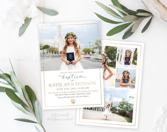 Customizable LDS Baptism Invitation for Girls: Minimalist Gold Design (Instant Download)