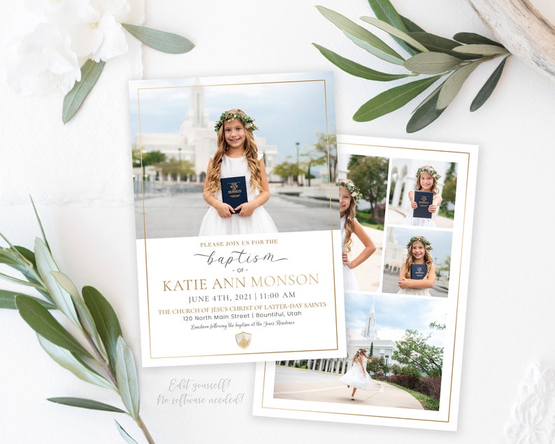 K&ouml;nnte beinhalten: Tauf-Einladung mit einem Foto eines M&auml;dchens in wei&szlig;em Kleid und Blumenkranz, das ein Buch h&auml;lt. Die Einladung enth&auml;lt den Text "PLEASE JOIN US FOR THE baptism of KATIE ANN MONSON" mit Veranstaltungsdetails und einem goldenen Rahmen.