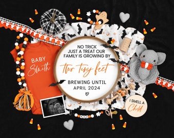 Halloween Digital Pregnancy Announcement, Fall Baby Announcement, Halloween Social Media, Instant Editable Template, No Trick Just a Treat