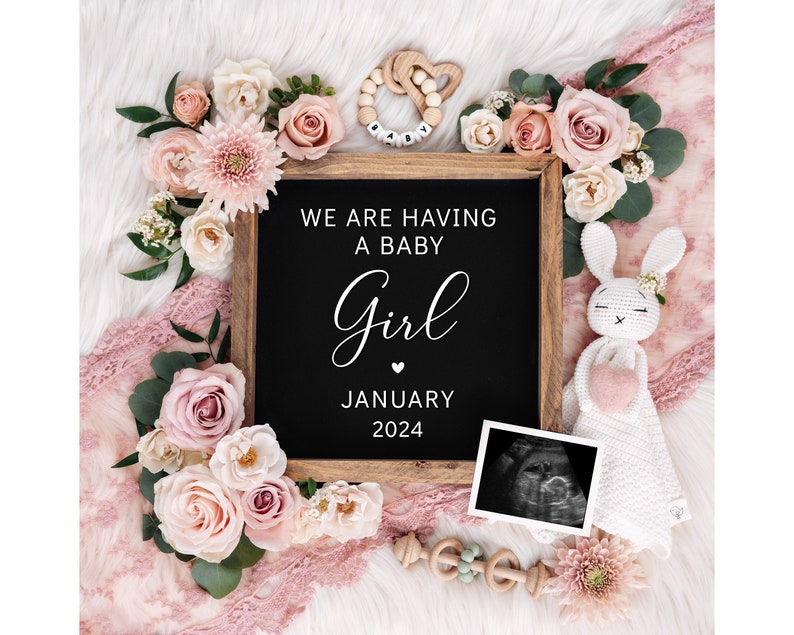 Baby Girl Digital Pregnancy Announcement, Baby Announcement, Gender Reveal, Digital Download, Customizable, Baby Girl, Corjl image 1