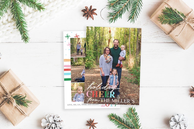 May include: A Christmas card featuring a family of four in a forest setting. The card has a collage of photos with a colorful striped pattern and snowflakes. The text reads "holiday cheer from the Miller's 2017".