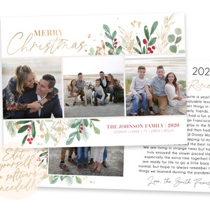 May include: A Christmas card with a collage of family photos and a festive watercolor border. The card features the text "Merry Christmas" in gold script and "The Johnson Family | 2020" in pink script. The card also includes a 2020 review section with a handwritten message about the year.
