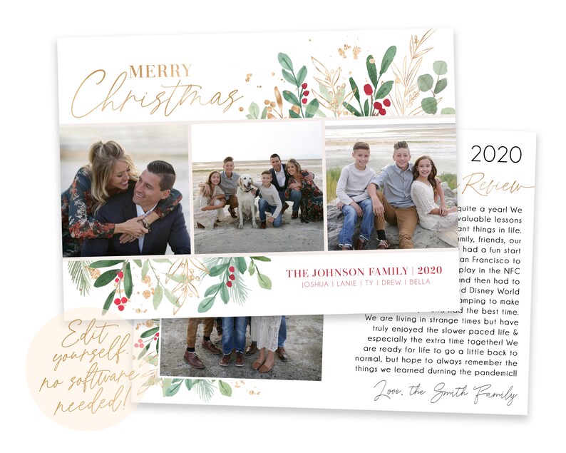 May include: A Christmas card with a collage of family photos and a festive watercolor border. The card features the text "Merry Christmas" in gold script and "The Johnson Family | 2020" in pink script. The card also includes a 2020 review section with a handwritten message about the year.