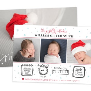 May include: A Christmas-themed birth announcement card with three photos of a newborn baby boy. The card includes the baby's name, birth date, time, weight, and length. The card is decorated with snowflakes and a red and white Santa hat.