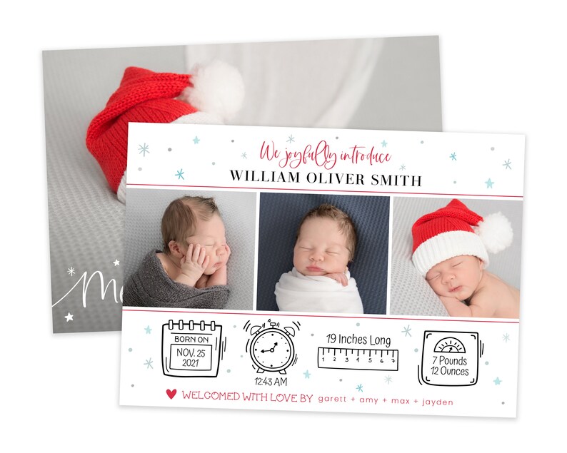 May include: A Christmas-themed birth announcement card with three photos of a newborn baby boy. The card includes the baby's name, birth date, time, weight, and length. The card is decorated with snowflakes and a red and white Santa hat.