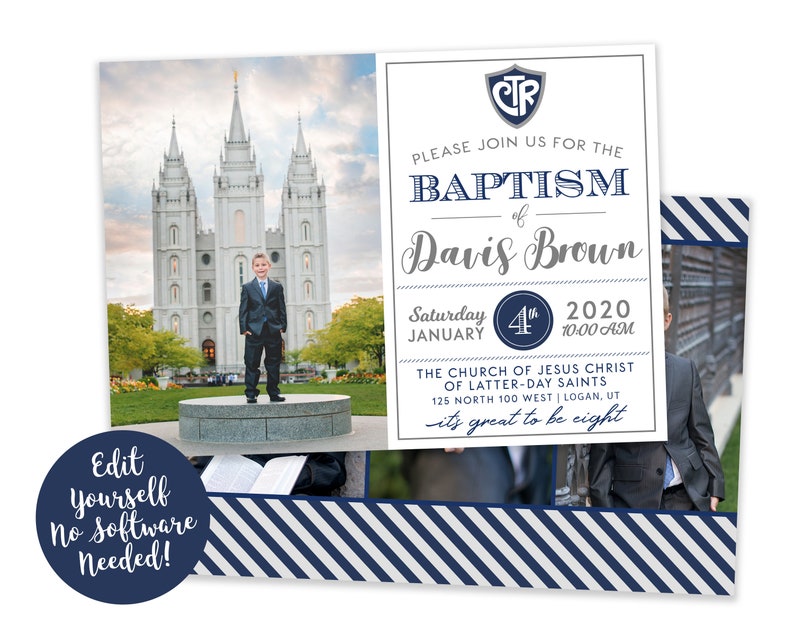 Customizable LDS Boy Baptism Invitation Add Your Own Photos Instant Download Corjl image 1