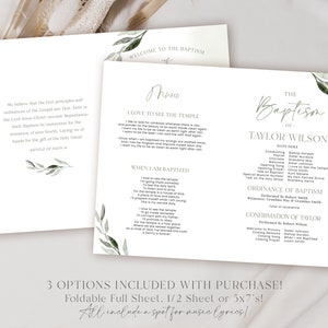 May include: White baptism invitation with green leaf accents. The invitation includes text about the baptism, music lyrics, and the baptism details. The invitation is available in three options: foldable full sheet, 1/2 sheet, or 5x7's.