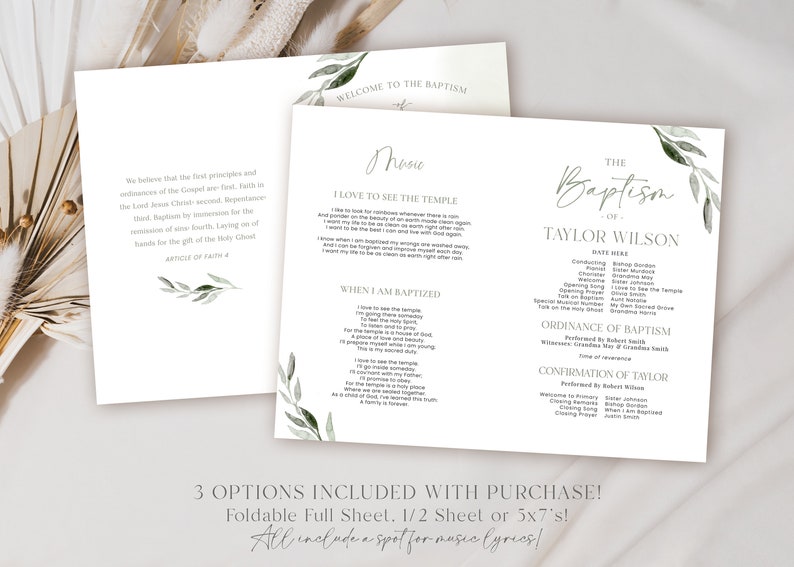 May include: White baptism invitation with green leaf accents. The invitation includes text about the baptism, music lyrics, and the baptism details. The invitation is available in three options: foldable full sheet, 1/2 sheet, or 5x7's.