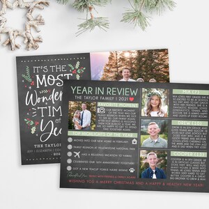 May include: A chalkboard style Christmas card with a family photo and a year in review section. The card features a green and red holiday theme with the text "It's the Most Wonderful Time of the Year".