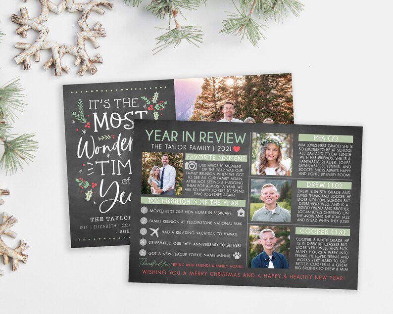 May include: A chalkboard style Christmas card with a family photo and a year in review section. The card features a green and red holiday theme with the text "It's the Most Wonderful Time of the Year".