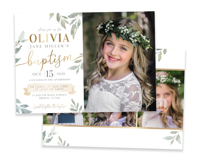Puede incluir: Una invitaci&oacute;n de bautismo con un dise&ntilde;o floral de acuarela y una foto de una ni&ntilde;a con un vestido blanco y una corona de flores. La invitaci&oacute;n incluye el nombre Olivia, la fecha 15 de octubre de 2020 y la ubicaci&oacute;n de la iglesia.