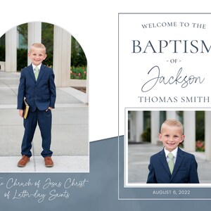 May include: A young boy in a navy blue suit and green tie stands in front of a church. He is holding a book in his left hand and smiling. The text "The Church of Jesus Christ of Latter-day Saints" is at the bottom of the image. The text "WELCOME TO THE BAPTISM - OF - Jackson THOMAS SMITH AUGUST 6, 2022" is on the right side of the image.