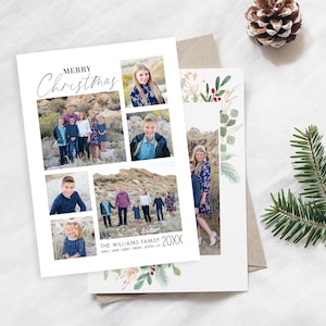 May include: A Christmas card with a collage of family photos. The card has a white background with black text that says "Merry Christmas" and "The Williams Family 20XX".